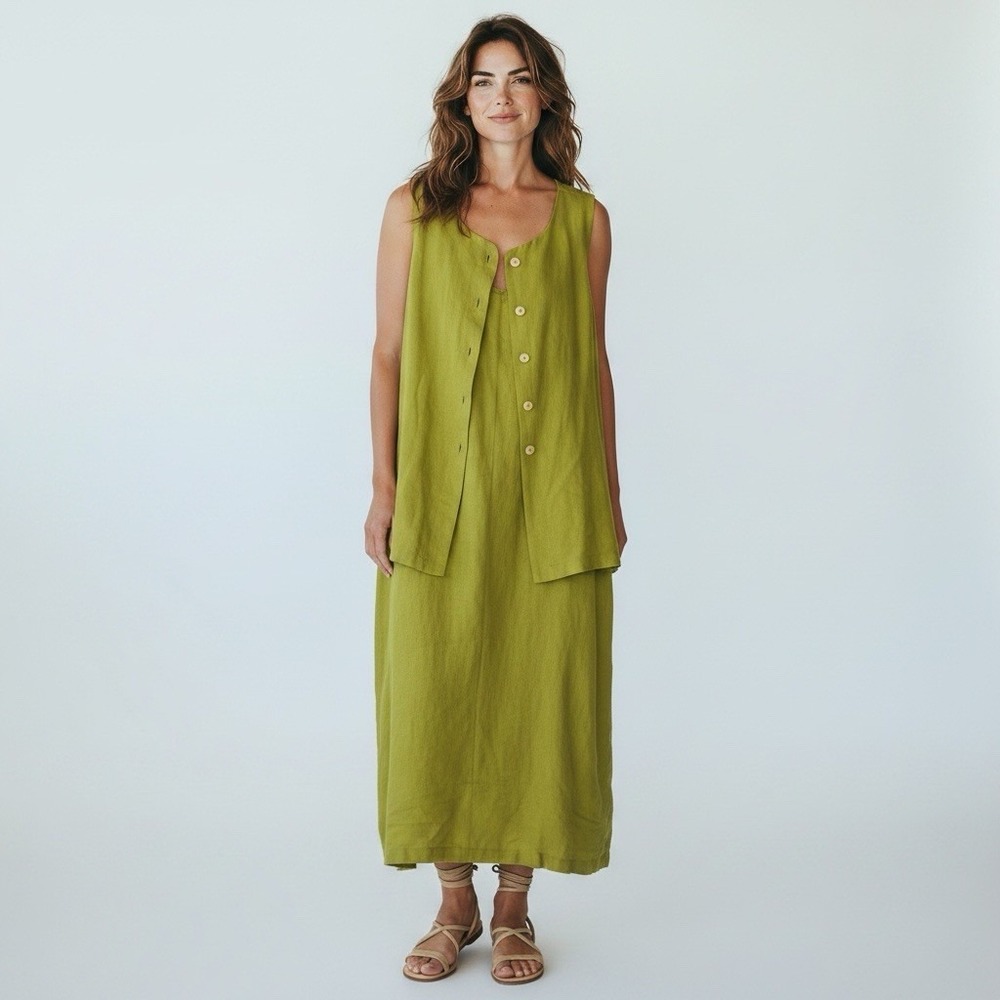 Vintage Positive Influence Resort Coastal Linen Blend Midi Maxi Dress XL Green